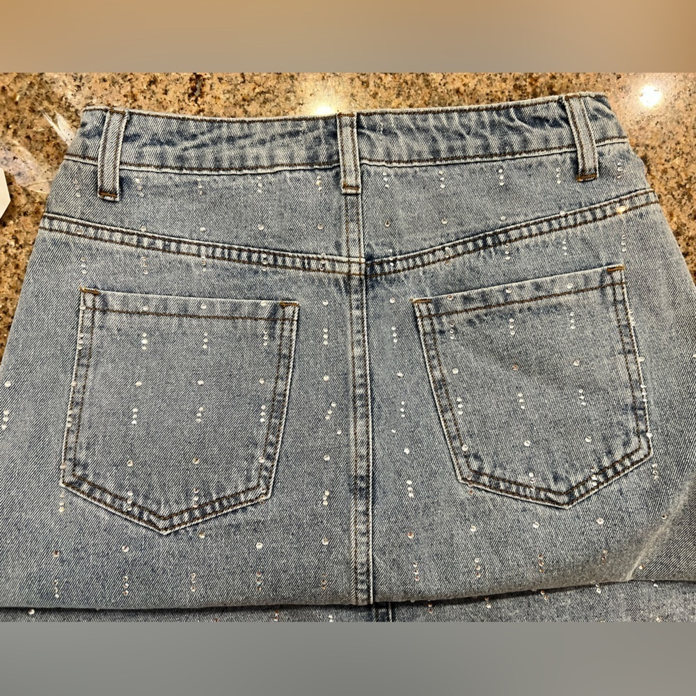Sadie & Sage Light Blue Denim Skirt fully embellished with rhinestones Size  NWT - Picture 7 of 7